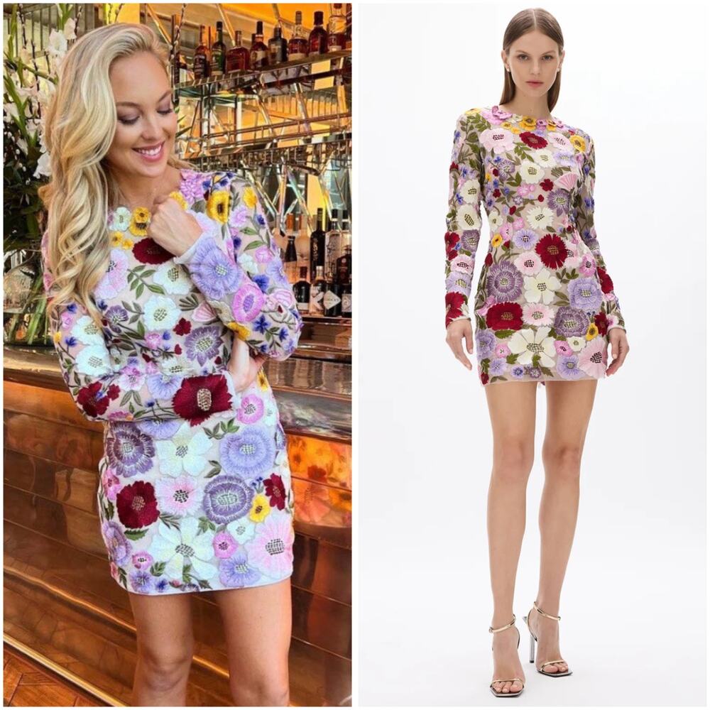 Rachel Gilbert Floral Embroidered Nya Long Sleeve Cocktail Mini Dress 6 US